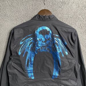 VTG Y2K Mens Large Black Long Sleeve Button Shirt Skull Graphic Cyber Grunge Emo